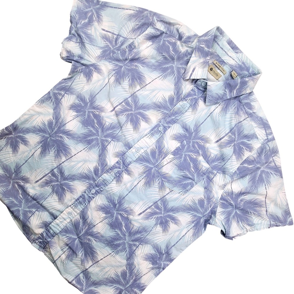 Haggar Mens XL Blue Palm Tree‎ Tropical Print Short Sleeve Stretch Button Shirt